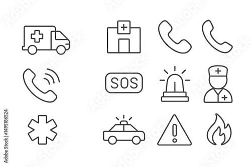 Modern vector icons representing emergency services, healthcare symbols, and emergency contact in a clean layout