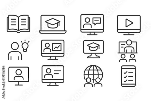 Modern vector illustration of online learning concepts with various educational icons for digital training and student interaction