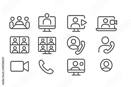 Vector illustration depicting various communication icons for online meetings, video calls, and collaborative discussions among modern users