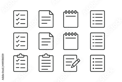 Modern vector illustrations of various checklist and note-taking designs for productivity and organization in a minimalist style