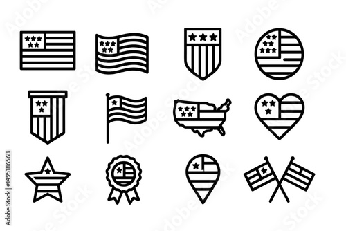 Modern vector illustration featuring various patriotic symbols including flags and badges in a minimalist style