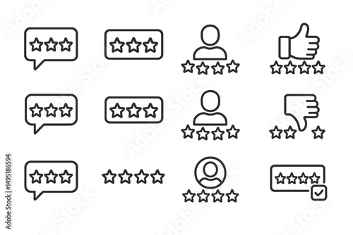 Different styles of customer feedback icons representing ratings, reviews, and user impressions with star symbols