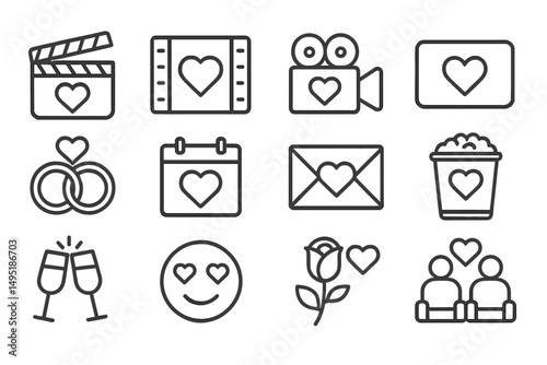 Modern vector illustration of love symbols featuring hearts, rings, and celebration items enjoyable for various romantic occasions