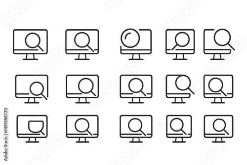 Stylized vector illustration of search icons arranged in a grid pattern for digital interface design