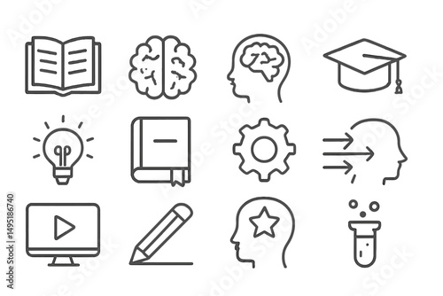Modern vector illustrations of education, creativity, and innovation concepts featuring books, brains, and gears