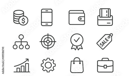 Modern vector illustration of finance and commerce icons depicting various activities and tools related to money management and sales