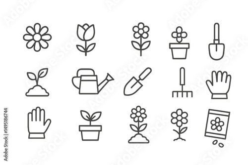 Modern vector illustration of gardening tools and plants organized in a clear grid layout for educational purposes or design projects