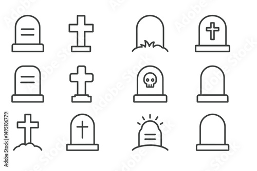 Modern vector illustration of cemetery symbols featuring gravestones, crosses, and skulls with a minimalist design approach for a spooky theme