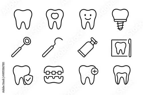 Collection of modern dental care icons illustrating various tools, procedures, and dental health concepts in a clean design