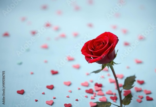 A single red rose with tiny scattered hearts around it, symbol, wallpaper
