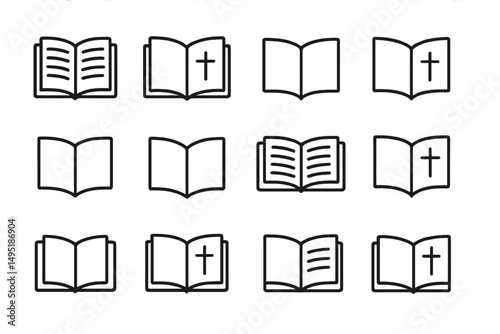 Vector illustrations of open books with and without crosses, symbolizing religious themes and literature in a modern style