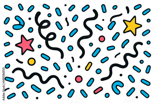Colorful modern vector illustration featuring abstract shapes and playful elements in a festive layout