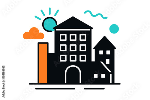 Modern vector illustration of a contemporary cityscape with buildings, sun, and clouds in a vibrant color palette