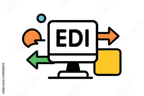 Vector illustration showcasing electronic data interchange concepts with colorful arrows and graphical elements on a computer screen