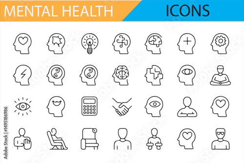 Set of minimalistic mental health icons, depicting therapy and counseling concepts.

