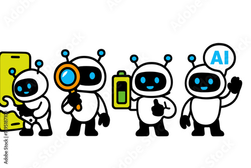 Modern vector illustration of friendly robots engaging in technology-related tasks in a cheerful and colorful environment