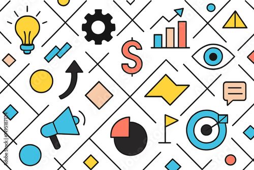 Modern vector illustration depicting various business concepts and icons, including light bulbs, graphs, and gears in a dynamic arrangement