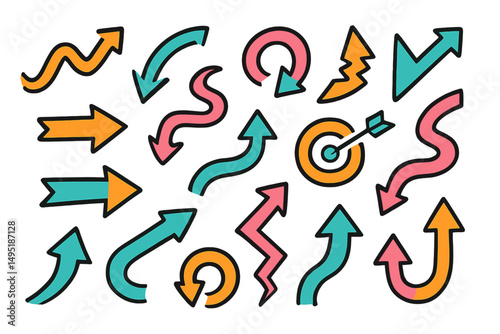 Colorful modern vector illustration of arrows and direction symbols representing movement and progress