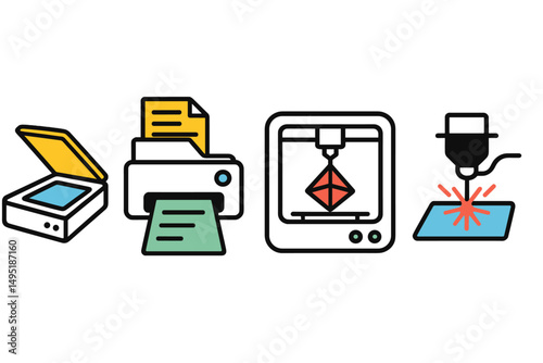 Modern vector illustration of various printing and scanning technologies used in an office environment