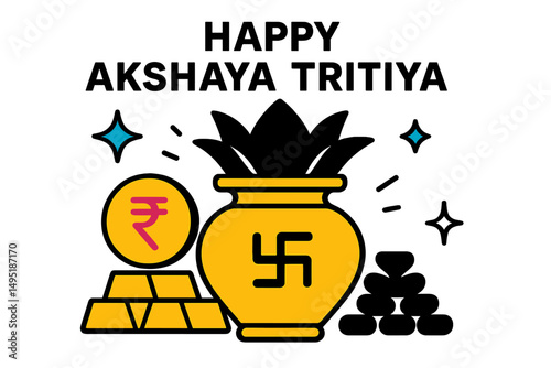 Celebrating Akshaya Tritiya with symbols of prosperity and wealth in a modern vector illustration