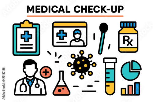Vector illustration depicting various elements related to medical check-up and healthcare activities