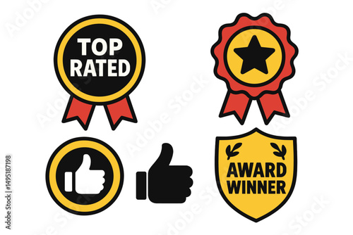 Modern vector illustration of award badges and rating icons showcasing achievements and recognition symbols