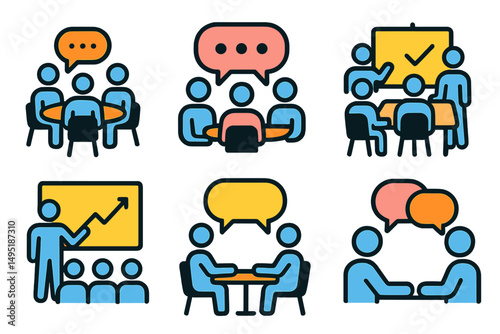 Vector illustration of diverse groups engaged in meetings and discussions with charts and dialogue bubbles