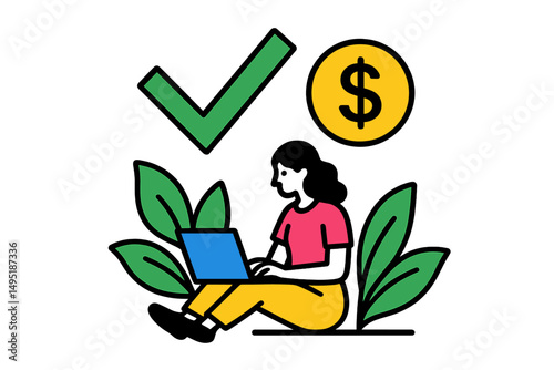 Freelancer working on laptop with check mark and dollar sign near tropical plants in modern vector illustration
