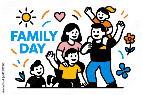 Family day celebration with joyful parents and children engaging in fun activities in a colorful, cheerful setting