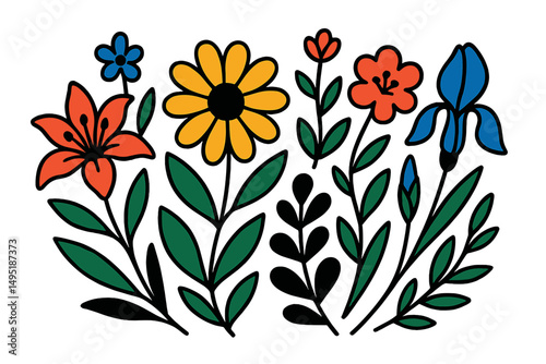Vibrant vector illustration of colorful flowers and foliage in a modern design style