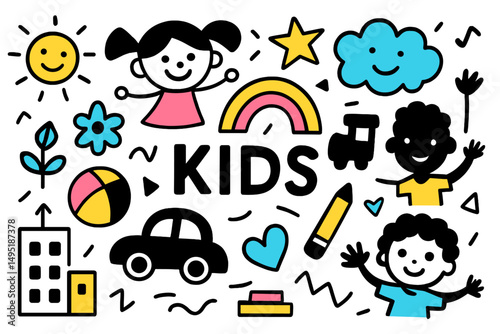 Playful vector illustration featuring children, toys, and cheerful elements celebrating childhood fun and creativity