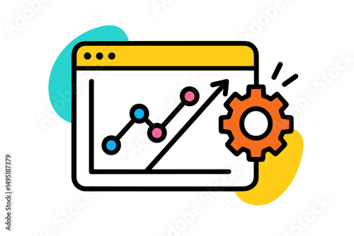 Modern vector illustration depicting data analysis with a positive trend and gear symbolizing optimization in web applications