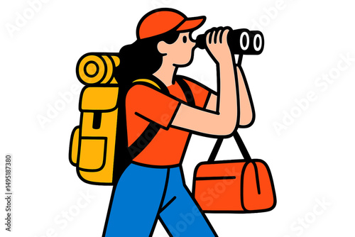 Hiker exploring nature with binoculars while carrying a backpack and a duffle bag on a sunny day