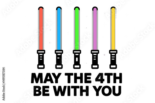 Colorful lightsabers and text celebrating a popular sci-fi culture day with vibrant hues in a modern vector style