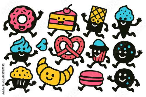 Colorful cartoon desserts and treats happily running together on a white background