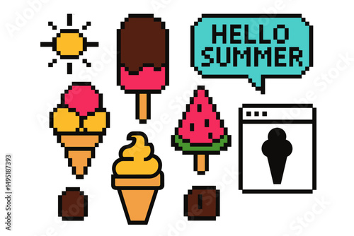 Colorful summer treats in a modern vector illustration featuring ice cream, watermelon, and a cheerful greeting