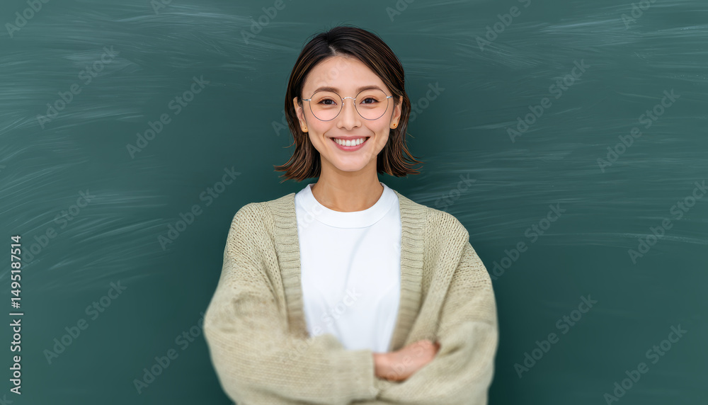 Obraz premium A female teacher smiling and standing in front of a chalkboard background