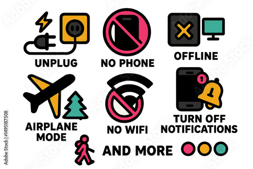 Illustration of modern digital detox symbols for offline lifestyle choices and digital wellness strategies