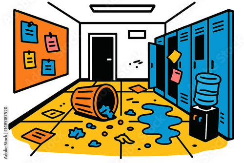 Messy hallway with overturned trash can and spilled water near locker area in a school setting