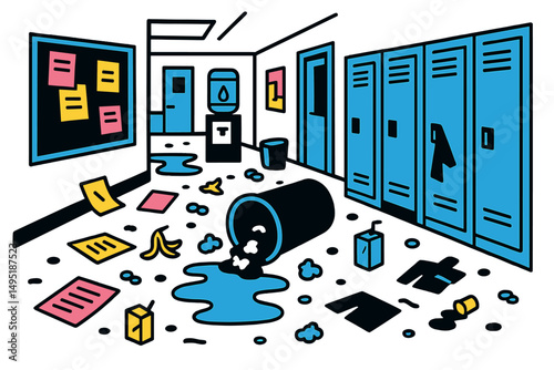 Messy school hallway with spilled water and scattered papers during midday