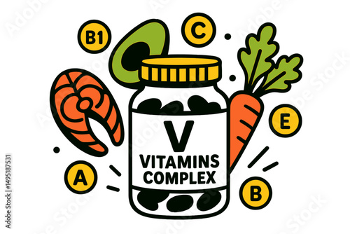 Vitamins complex education highlighting the benefits of various nutrients for health and wellness
