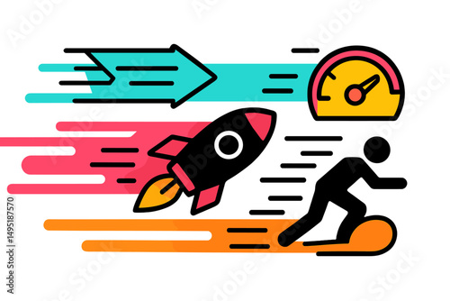 Modern vector illustration depicting speed, agility, and innovation with a rocket and dynamic motion elements