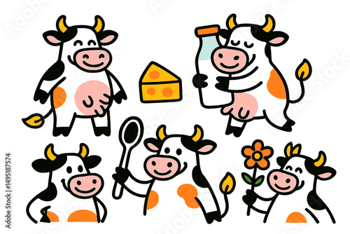 Cute vector illustration showcasing playful cows engaged in various activities related to dairy production and farming in a cheerful setting