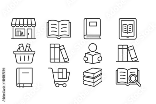Vector illustration featuring different book-related icons representing reading activities and book sales