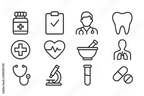 Modern vector illustration showcasing essential medical icons with health themes related to care, diagnosis, and treatment