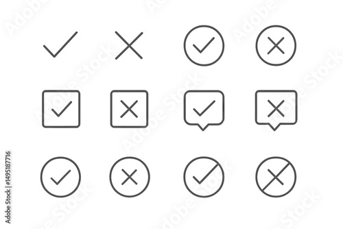 Vector illustration of check and cross symbols in various styles and forms for use in digital design