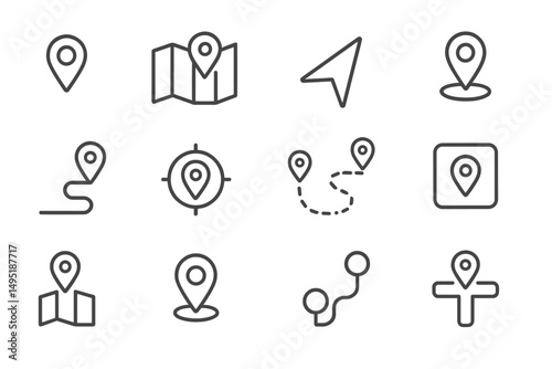 Modern vector illustration featuring various location and navigation symbols for digital maps and applications