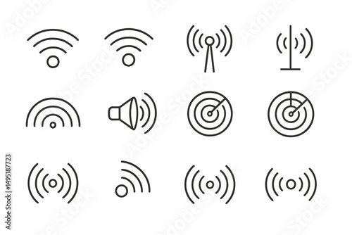 Modern vector illustrations of wireless signals, auditory symbols, and radar graphics showcasing communication technology concepts