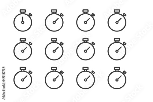 Multiple modern vector illustrations of stopwatches in a grid layout reflecting time tracking and precision
