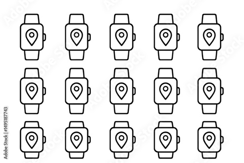 Vector illustration of smartwatches displaying location pins arranged in a neat grid pattern for digital usage in various projects